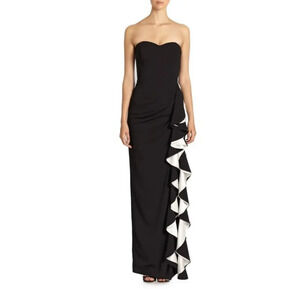 Badgley Mischka Black Strapless Contrast Ruffle Sweetheart Neckline Gown